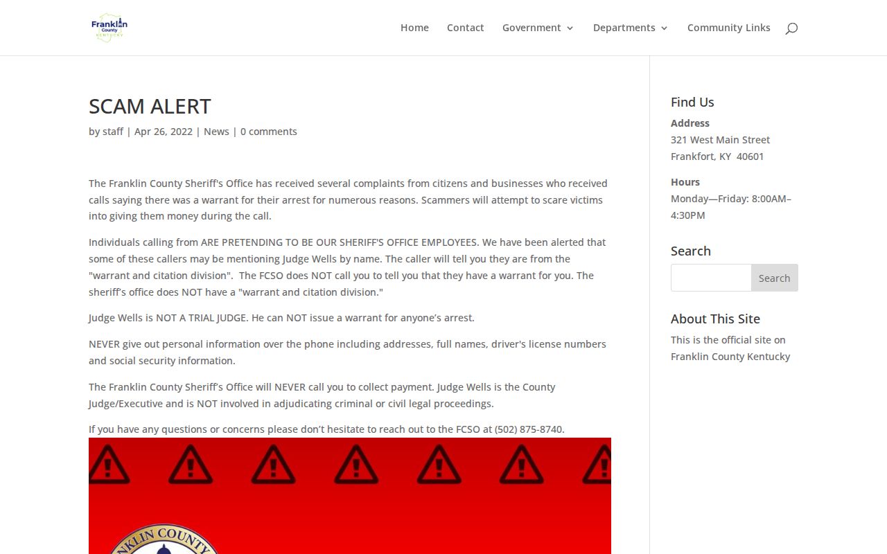 Franklin County warrant scam alert from the Sheriff's Office