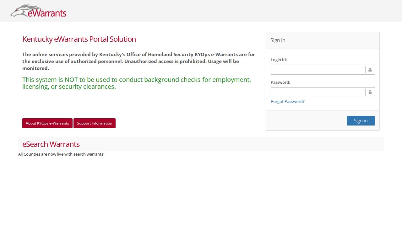 Kentucky eWarrants authorized-user login for Franklin County warrant checks