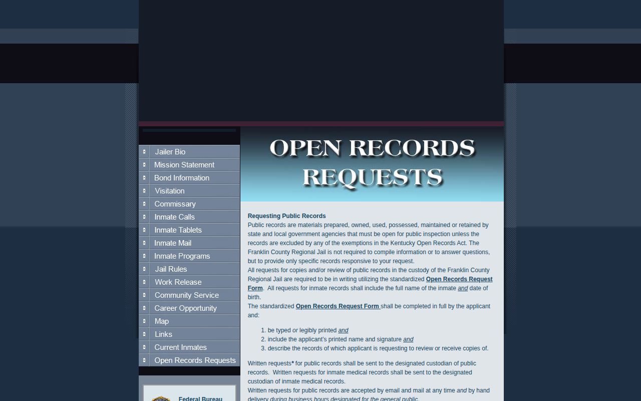 Franklin County Regional Jail booking record request page
