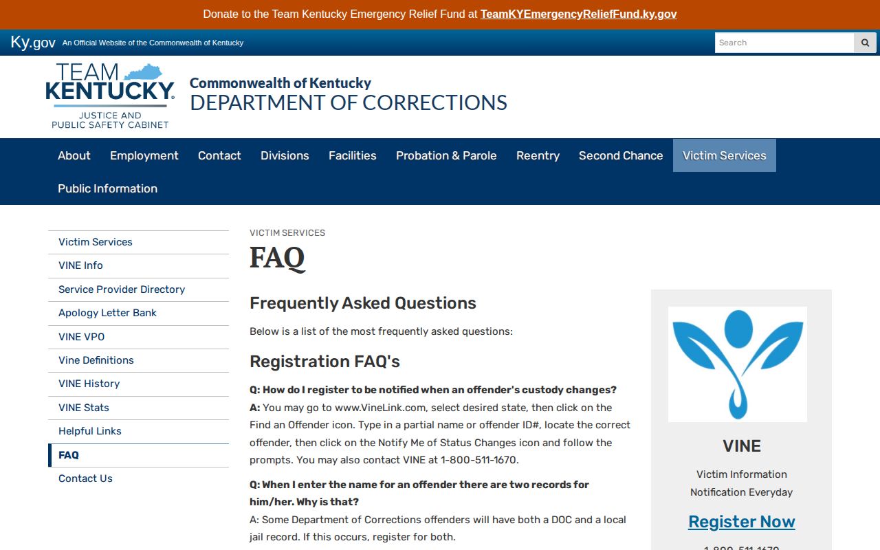 Kentucky VINE custody alerts for Franklin County records